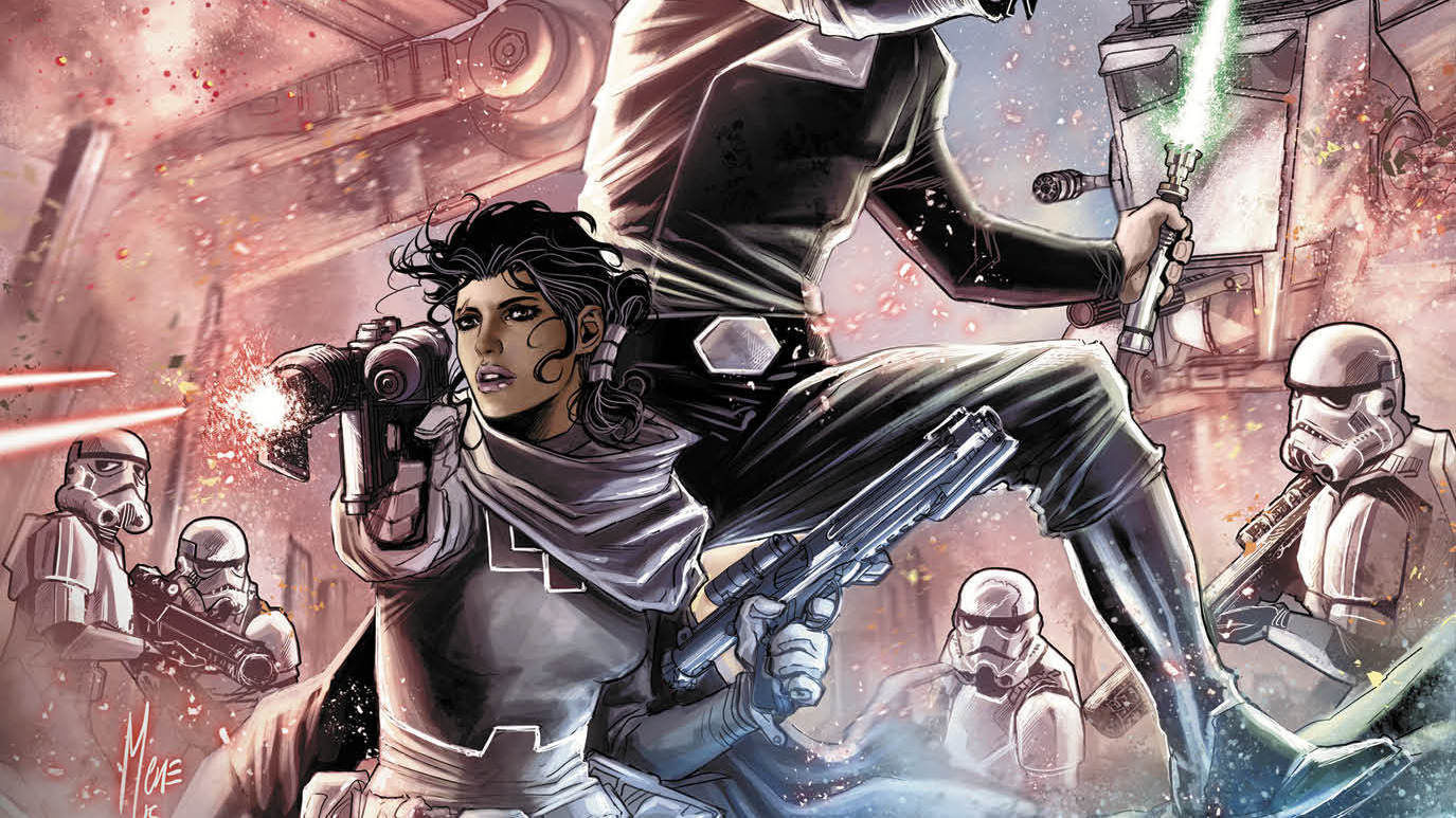Shara Bey and Luke Skywalker battle Stormtroopers and AT-STs on the cover of the fourth issue of the Star Wars Shattered Empire comic book.