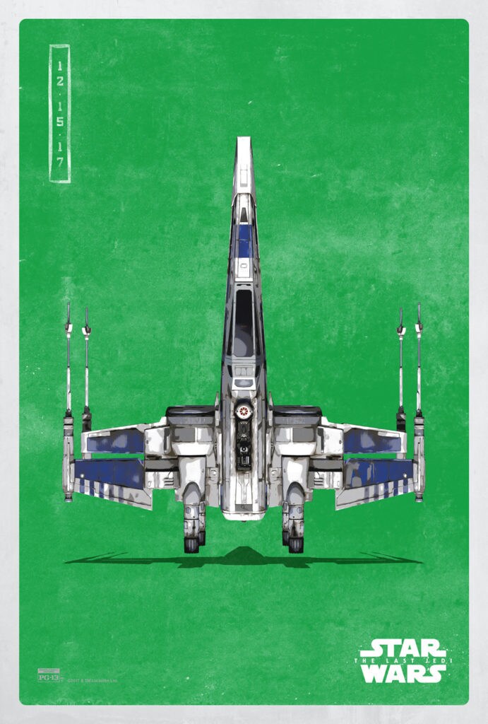 A poster of an X-wing against a green background.