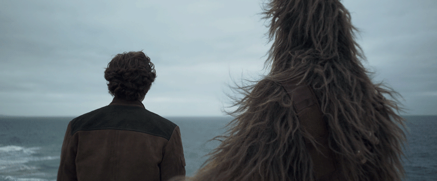 Chewbacca pats Han Solo's back as they look out on the ocean, in a GIF.