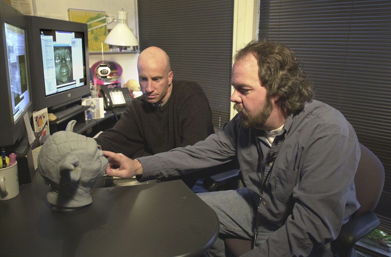 Rob Coleman working behind the scenes on Yoda for Star Wars: Attack of the C;ones