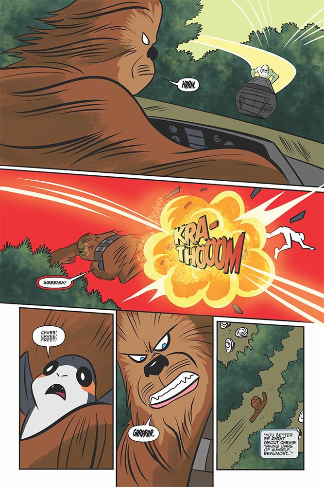 Chewbacca protects a Porg while fighting a Stormtrooper, in Star Wars Adventures #28.