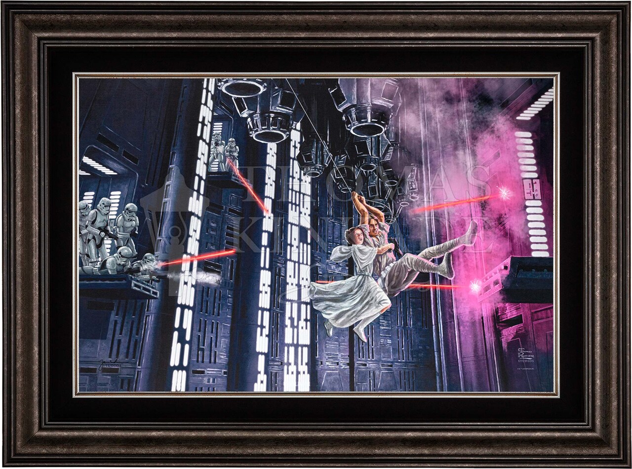 On The Run Framed Limited Edition Canvas By Thomas Kinkade Studios featuring Luke and Leia swinging over a chasm on the Death Star.