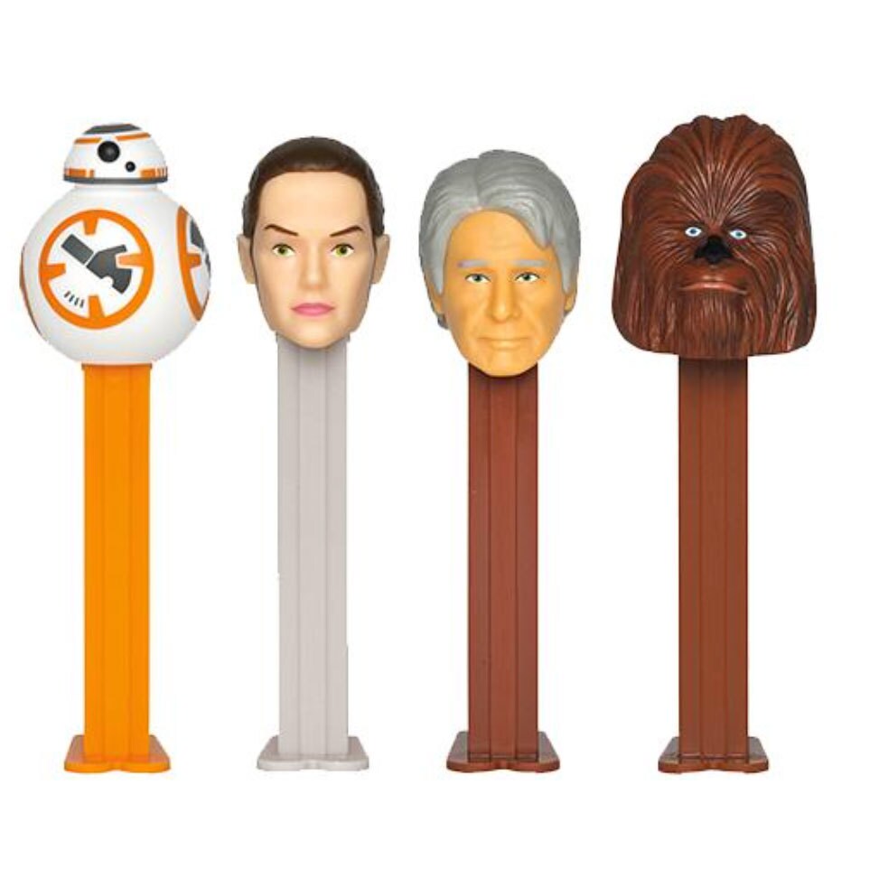 Pez dispensers featuring BB-8, Rey, Han Solo, and Chewbacca.