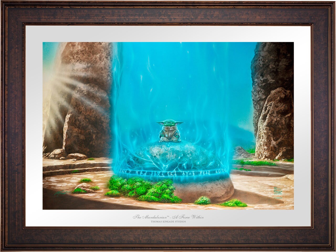 "A Force Within" print from Thomas Kinkade featuring Grogu meditating on the seeing stone.