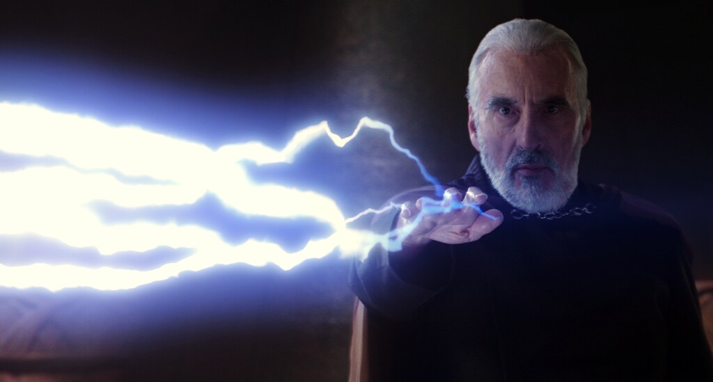 Count Dooku unleashes Force lightning.