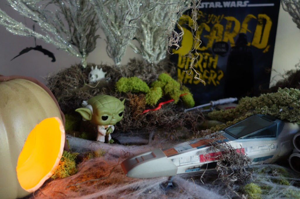 Star Wars Halloween mood table set on Dagobah.