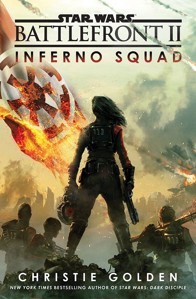 The book cover for Star Wars Battlefront II: Inferno Squad. It shows Iden Versio and the Inferno Squad looking at a burning Imperial flag above a battlefield.