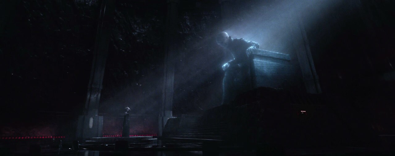 The giant hologram of Supreme Leader Snoke commands Kylo Ren in The Force Awakens.