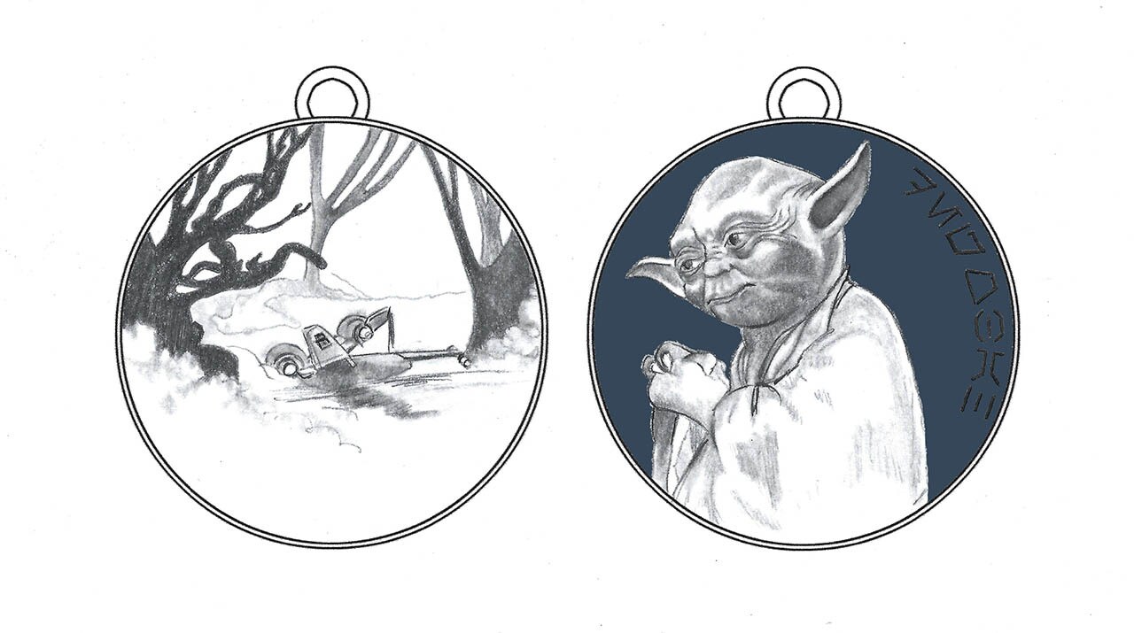 Concept sketches of a reversible pendant from RockLove Jewelry, featuring Yoda on one side and Luke's crashed X-Wing in the Dagobah swamp on the other.