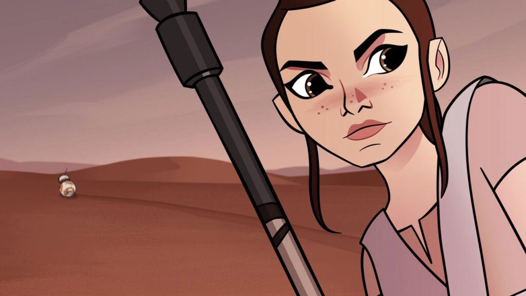 Rey holds her quarterstaff in Forces of Destiny.