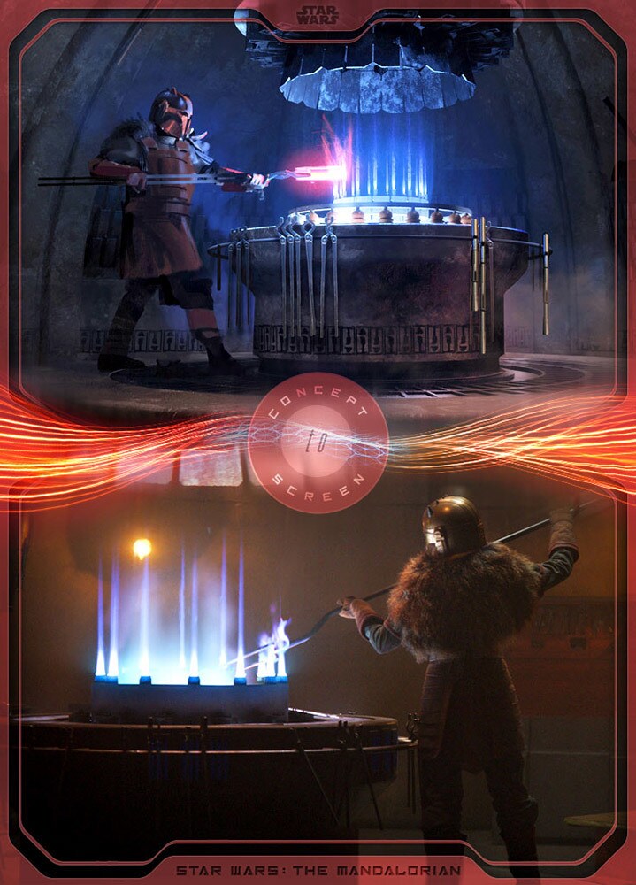 A digital collectible card of the Mandalorian Armorer, forging armor in an underground lair.