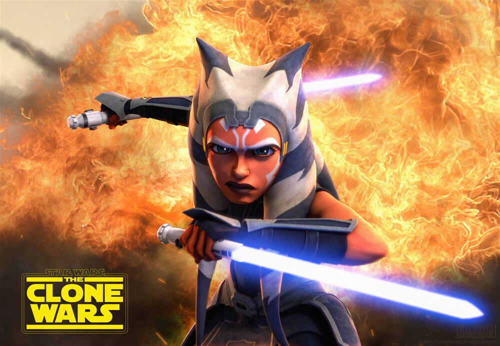 Ahsoka Tano wields her two lightsabers in key art for The Clone Wars.