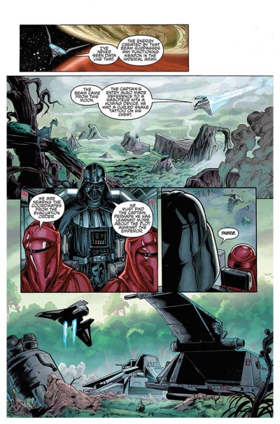 Darth Vader and Royal Guards land on a moon in a panel from Star Wars: Darth Vader and the Ninth Assassin #3.