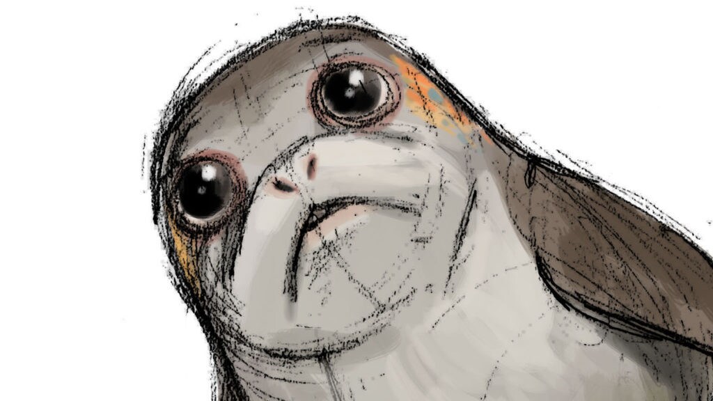 A rough colored sketch of a Porg.