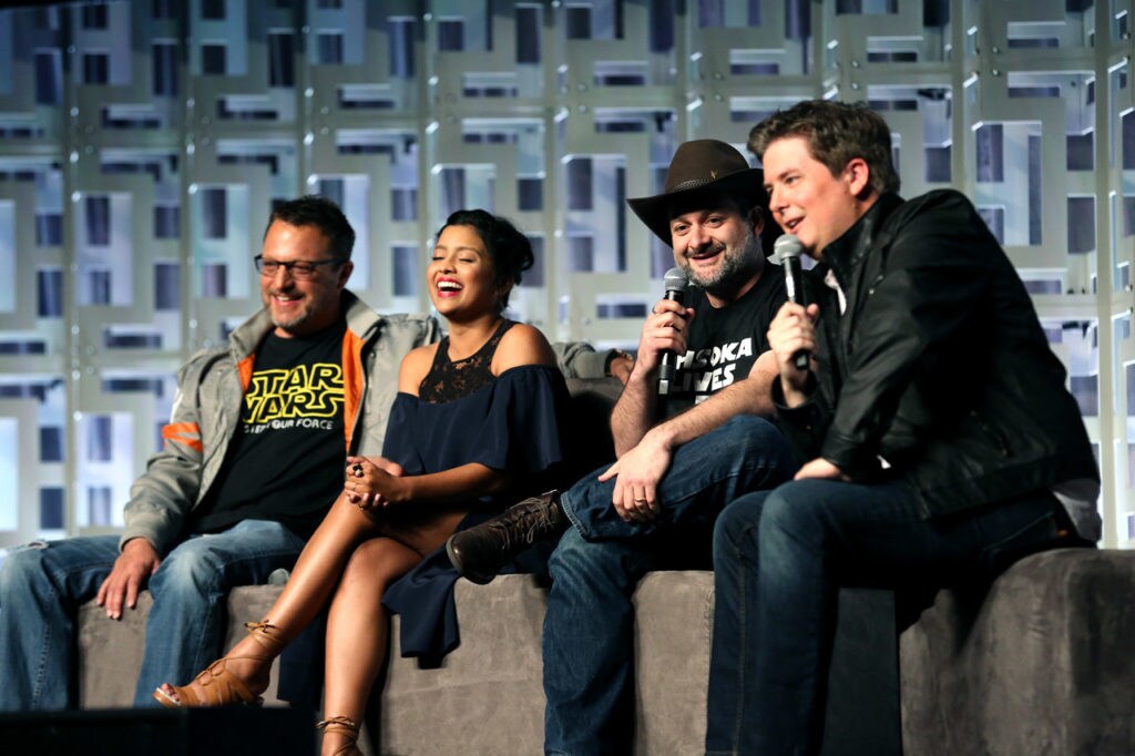 Cast and crew from Rebels onstage at a Star Wars Celebration panel.