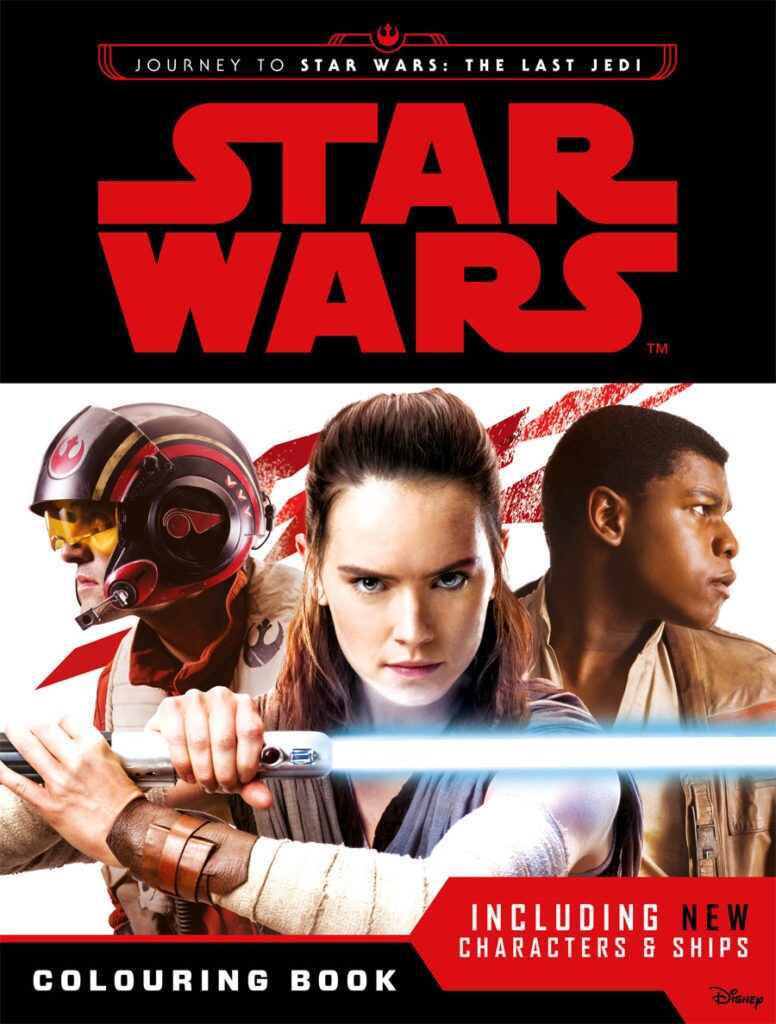 Rey, Poe, and Finn on the cover of the coloring book Journey to Star Wars: The Last Jedi.