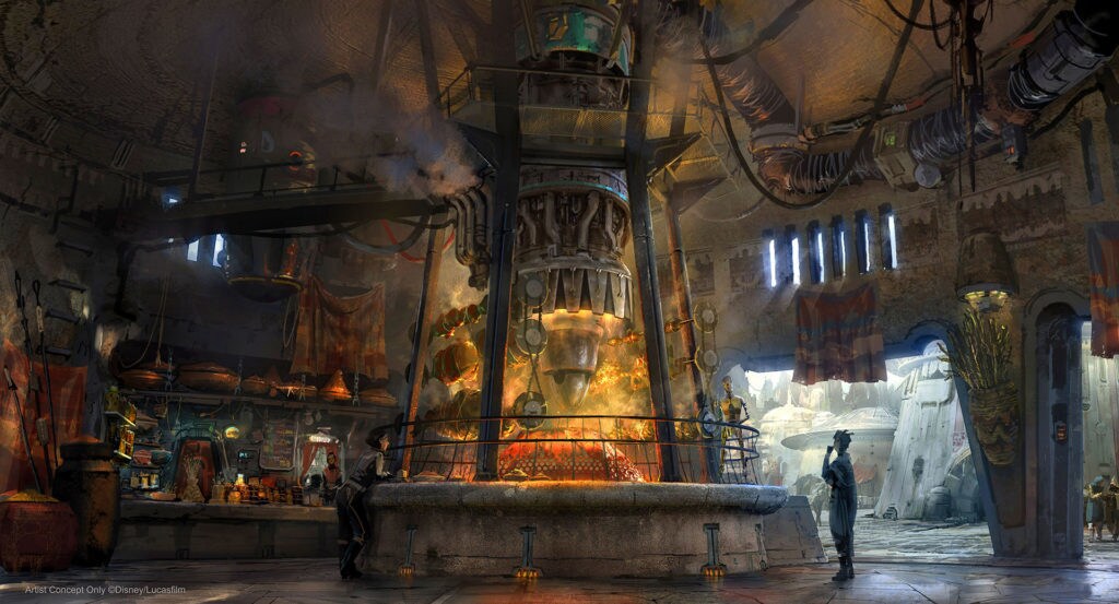 Concept art for Ronto Roasters, featuring meats spit-roasted over a former podracer engine. (Disney Parks)