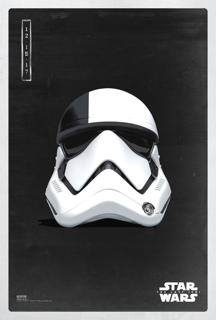 A poster of a First Order stormtrooper executioner helmet with a black background.