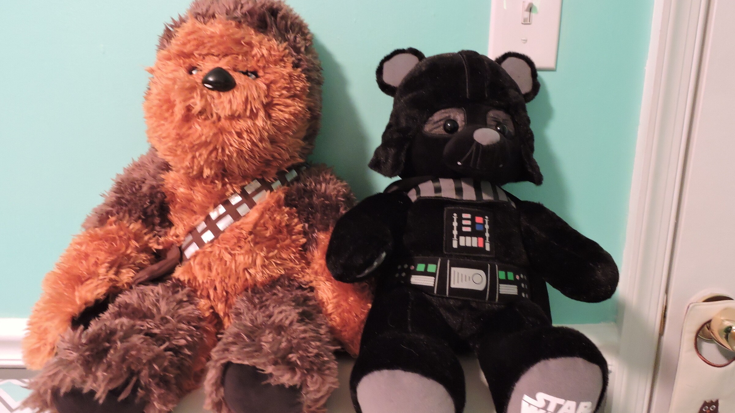 Teddy bears depicting Chewbacca and Darth Vader