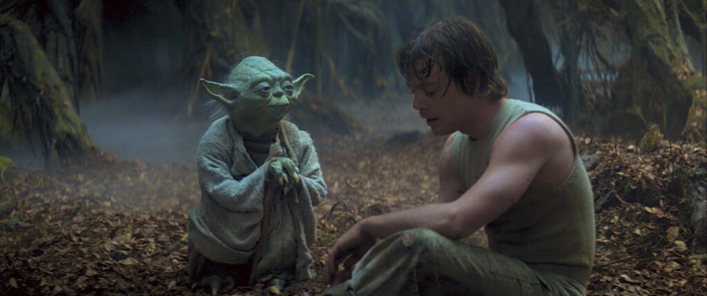 Yoda teaches Luke Skywalker on Dagobah.