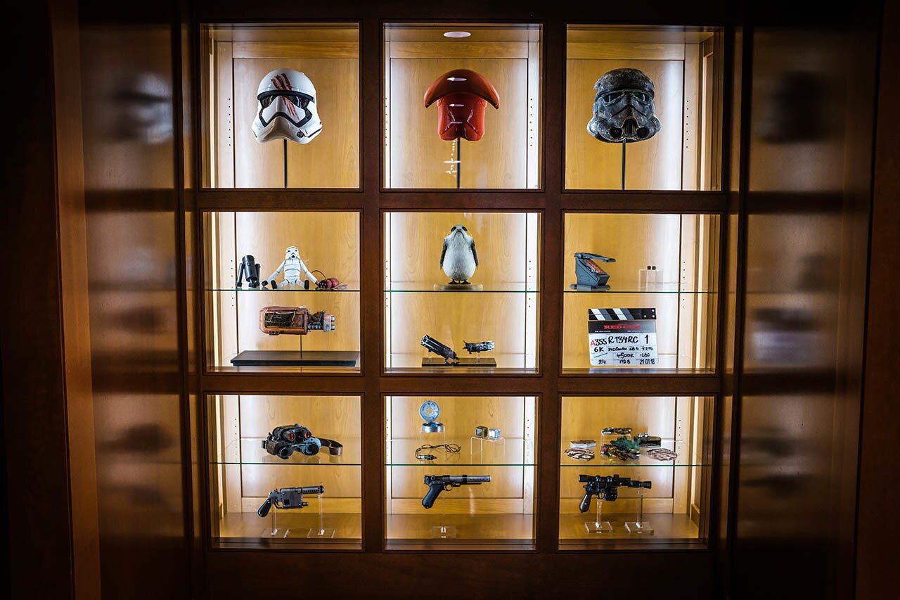 Props are shown in the Lucasfilm display case.