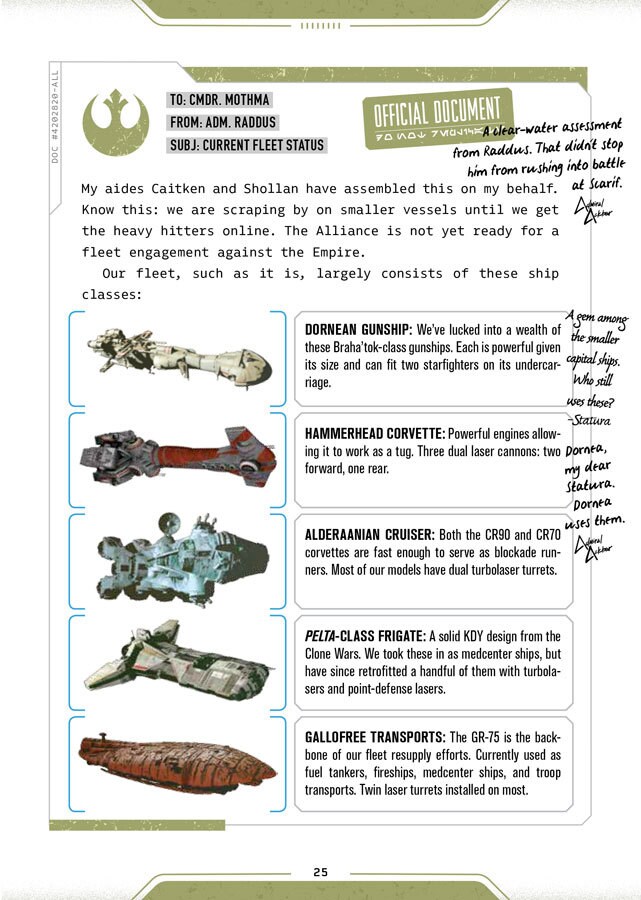 A page from the Star Wars: Rebel Files book showing an internal document about ships in the Rebel fleet with handwritten notes from Admiral Ackbar.