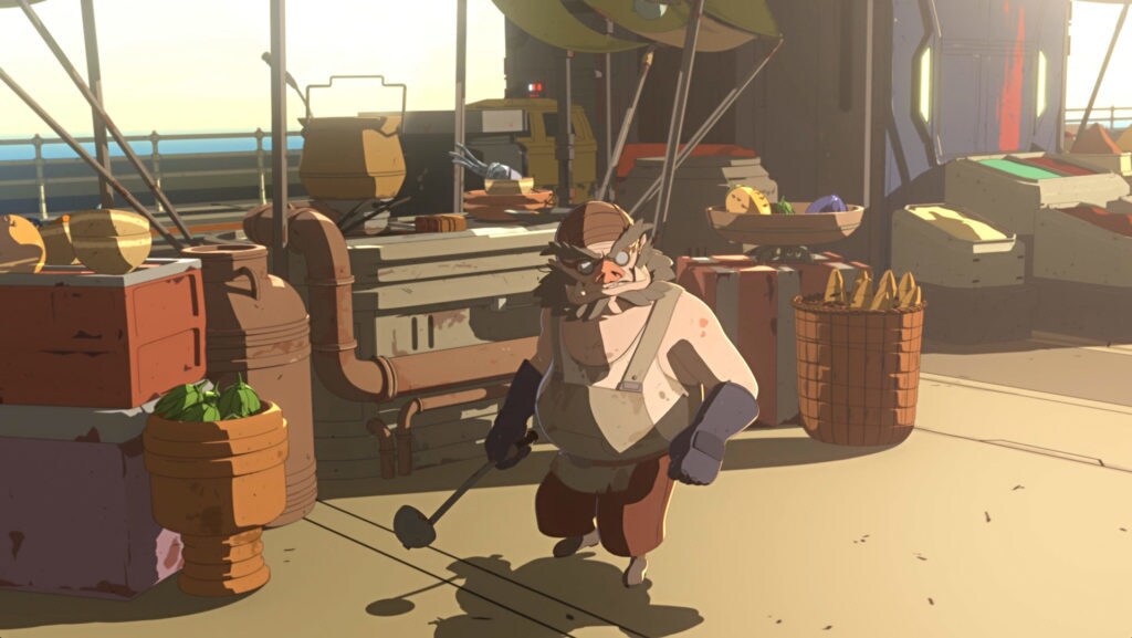 An ugnaught vendor at his stand of various foods in Star Wars Resistance.
