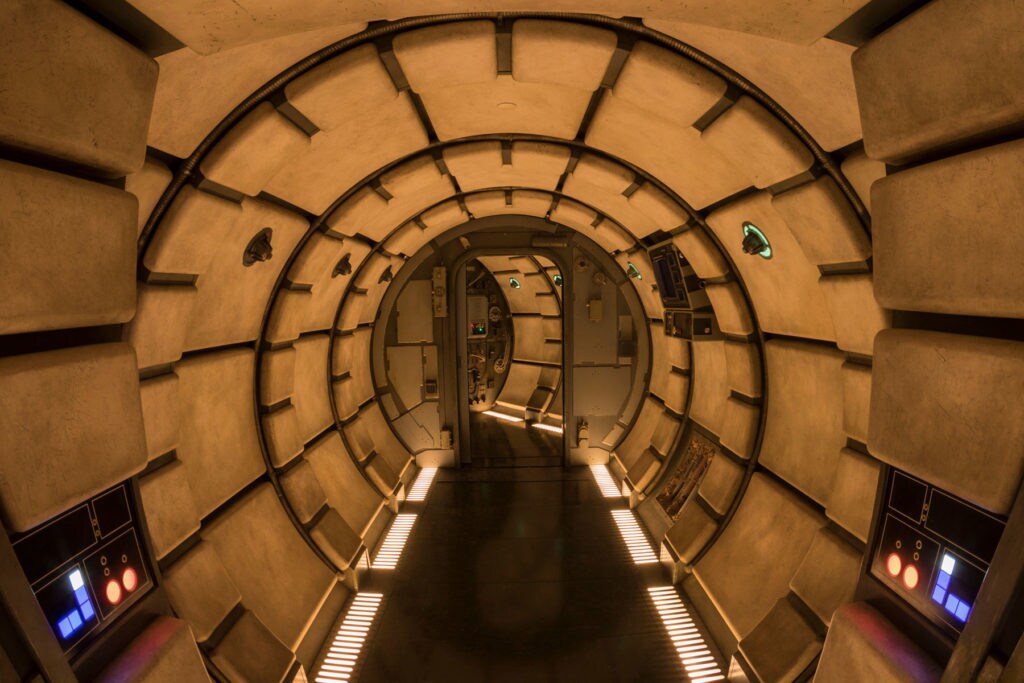 A corridor on the Millennium Falcon seen at Disney's Star Wars: Galaxy's Edge.