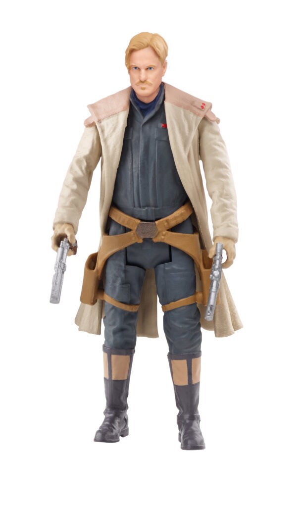 A Beckett Hasbro action figure wears a white jacket and holds blasters from Solo: A Star Wars Story.