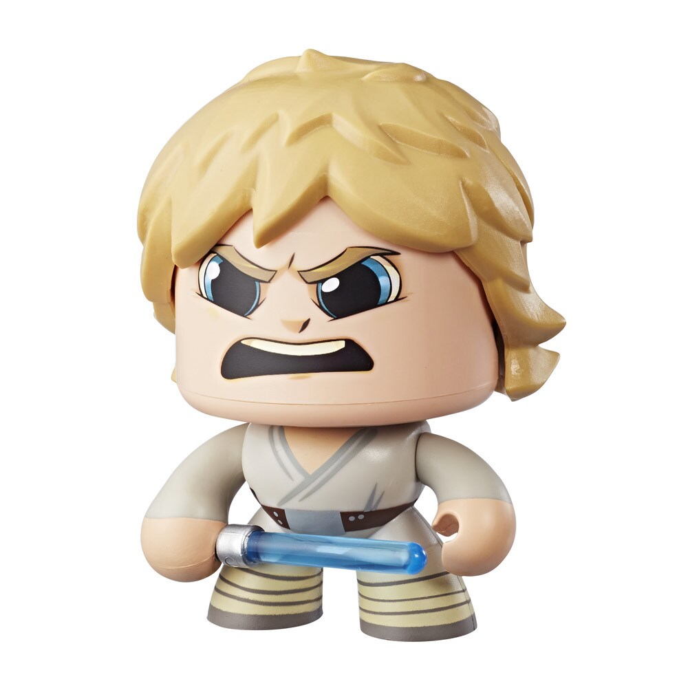 A Luke Skywalker Star Wars Mighty Muggs collectible figure holds a lightsaber with an angry expression on its face.