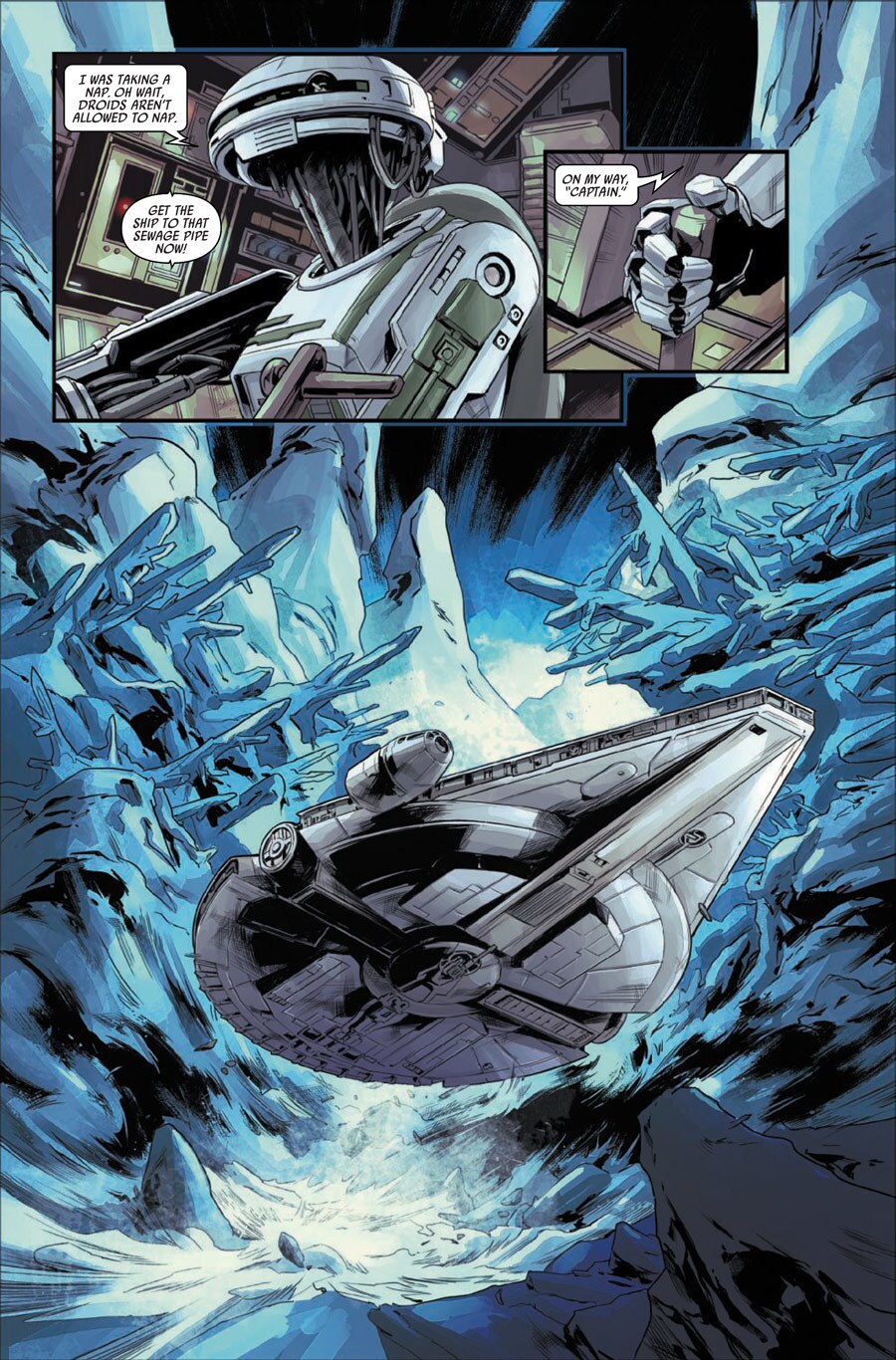In several panels from the comic book series Lando: Double or Nothing, L3-37 makes an excuse about napping before taking off in the Millennium Falcon.