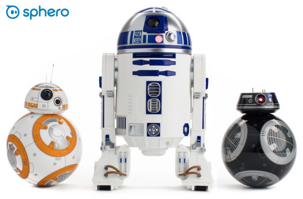 BB-8, R2-D2, and BB-9E toy robots.