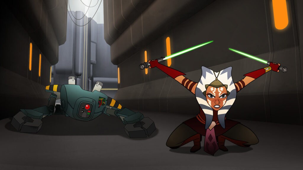 Ahsoka draws her lightsabers in Forces of Destiny.