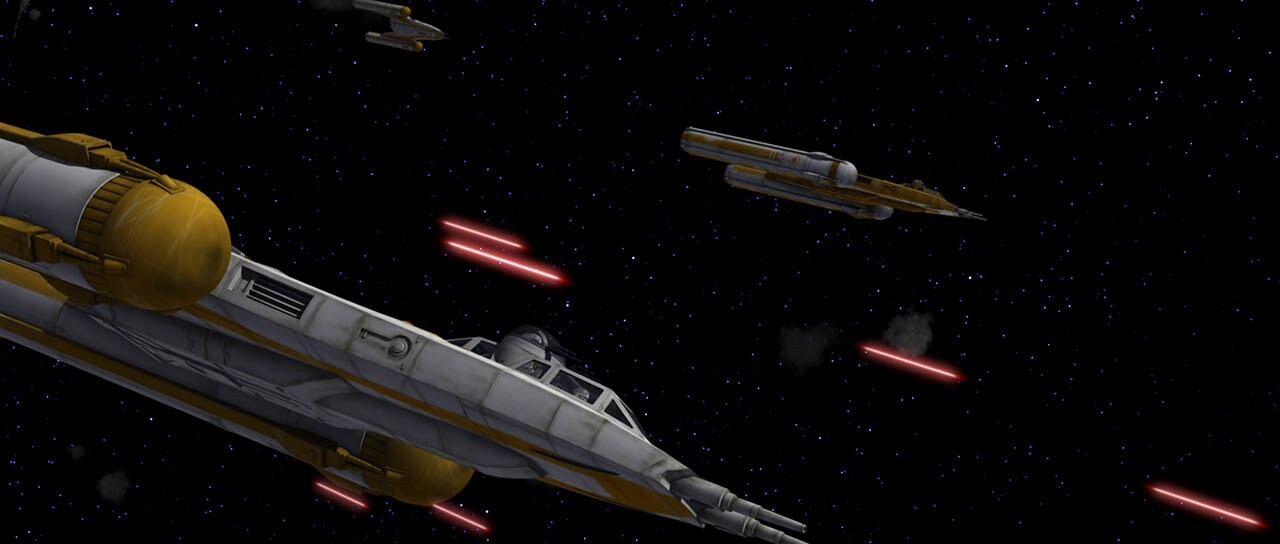 Y-wings evade laser fire in The Clone Wars.