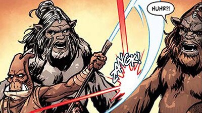 Jedi Master Zao uses his lightsaber to deflect laser fire from hitting the Yunu standing behind him in a panel from the comic book Star Wars: Dark Times - Fire Carrier #5.