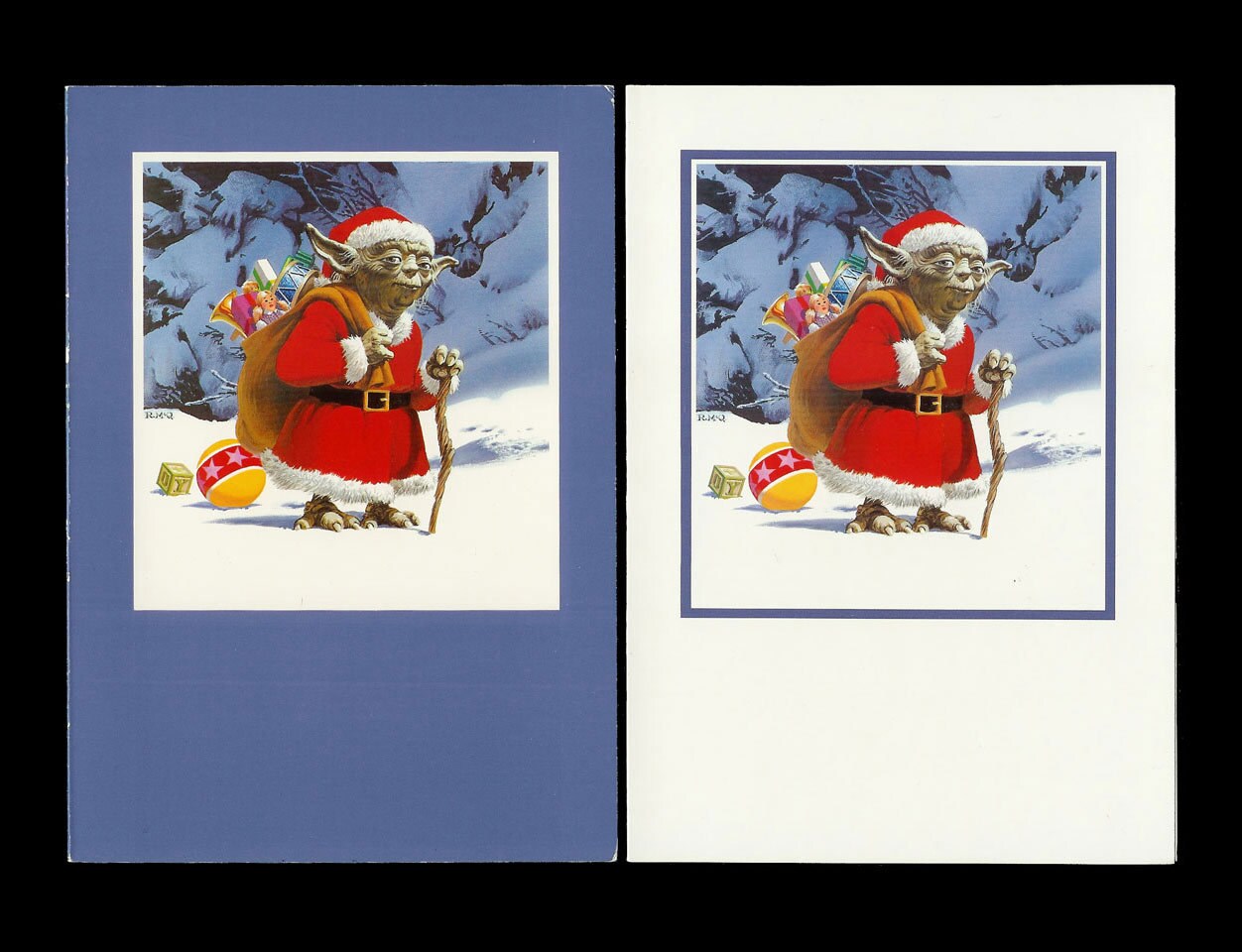 Two images of Yoda in a Santa Claus outfit and different colored backgrounds.