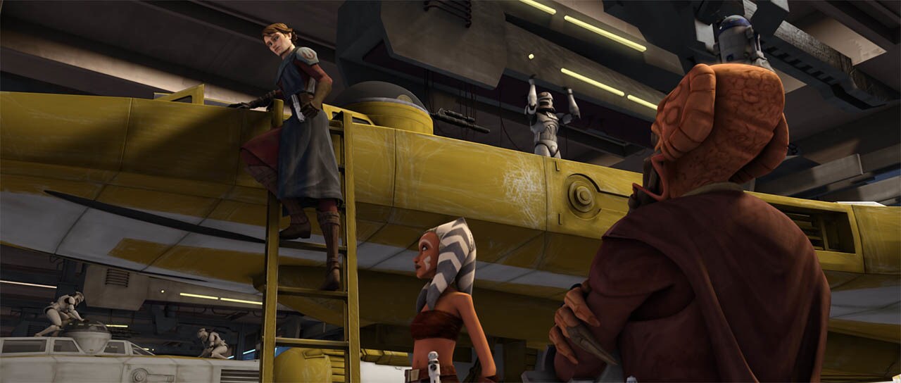 Anakin stands on a ladder readying his starfighter while Ahsoka Tano and Plo Koon stand on the ground looking up at him in The Clone Wars.