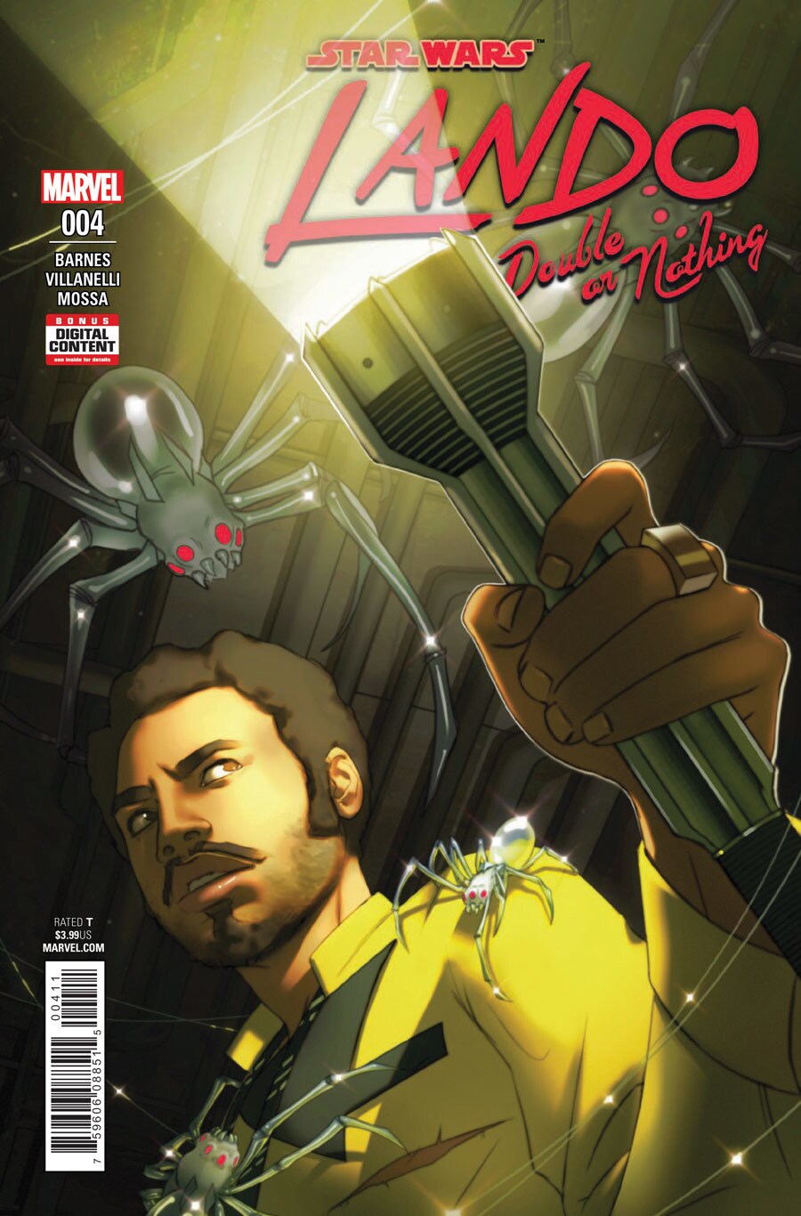 Lando holds a flashlight as spiders crawl over him on the cover of the fourth issue of the Star Wars Lando Double or Nothing comic book.