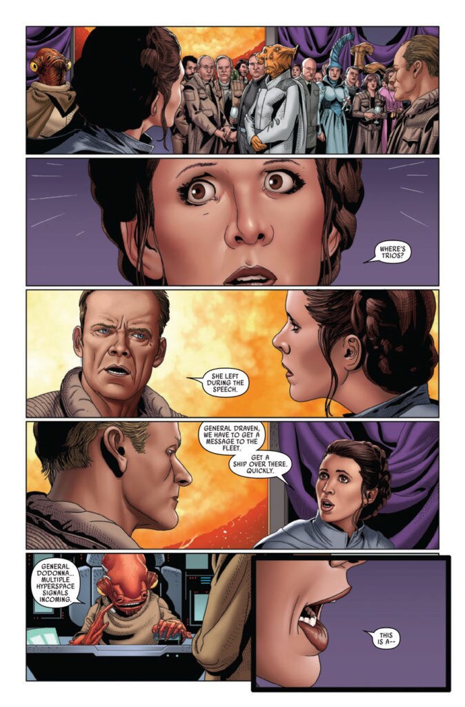 A series of comic panels from Star Wars #50 in which Leia warns the rebels of a trap.