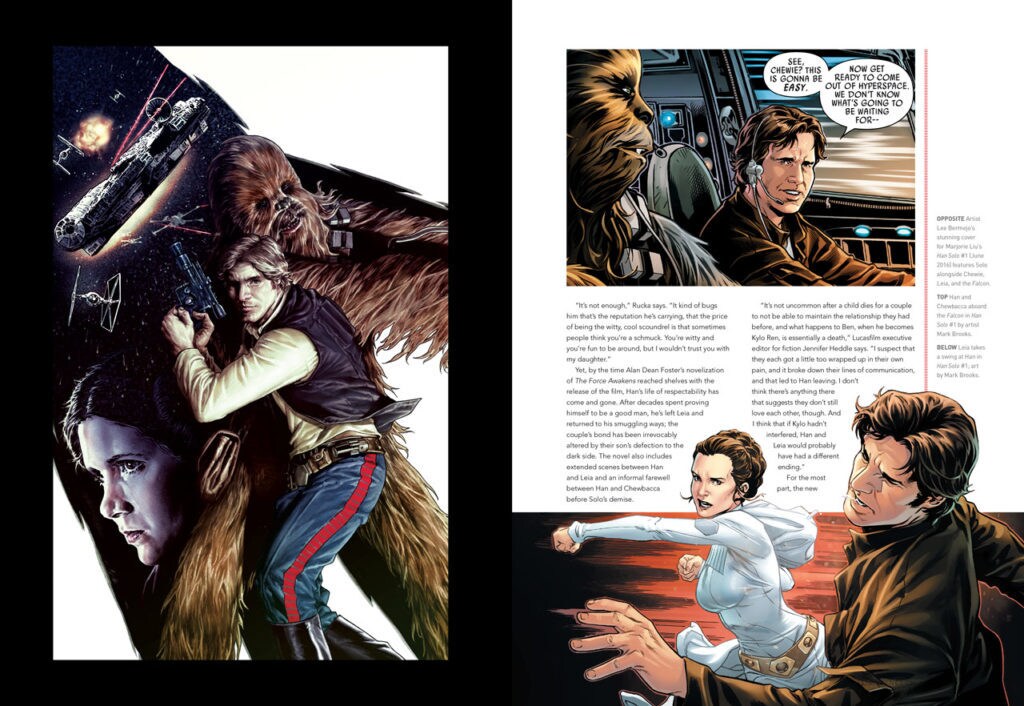 A two-page spread with art featuring Han, Leia, and Chewbacca on one side and with Leia punching Han Solo on the other.