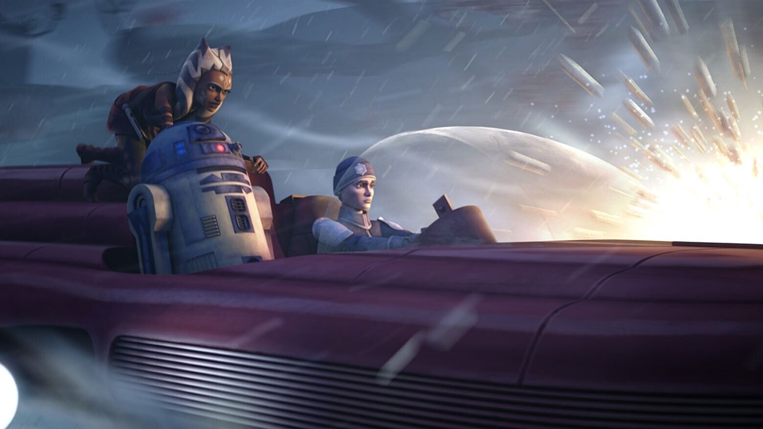 Lux Bonteri, R2-D2, and Ahsoka riding a speeder in The Clone Wars