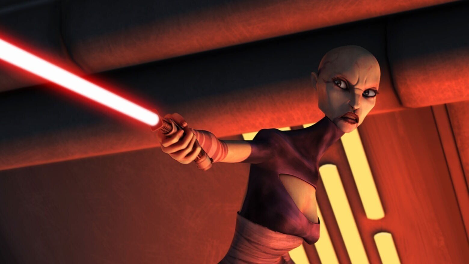 Asajj Ventress wielding a red lightsaber in The Clone Wars