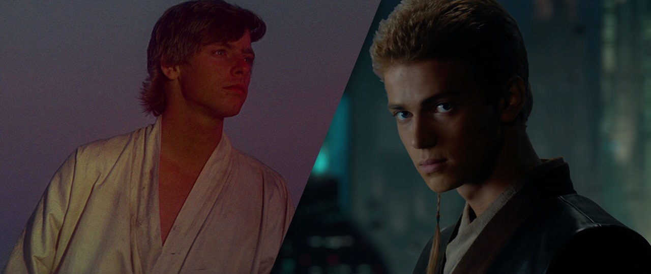 A split image with Luke Skywalker on the left and Anakin Skywalker on the right.