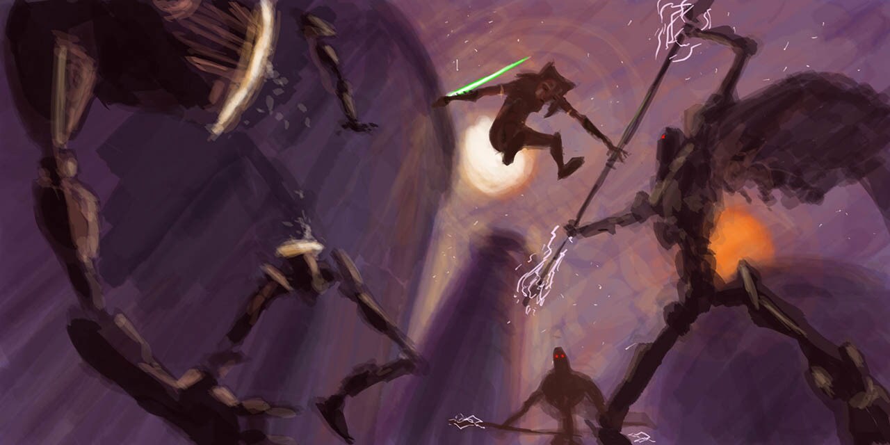 Ahsoka Tano leaps to attack IG-100 droids, in concept art.