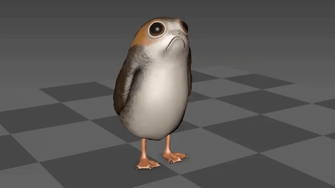 A digitized male porg flaps its wings as it bends forward while standing on a grey checkered background.