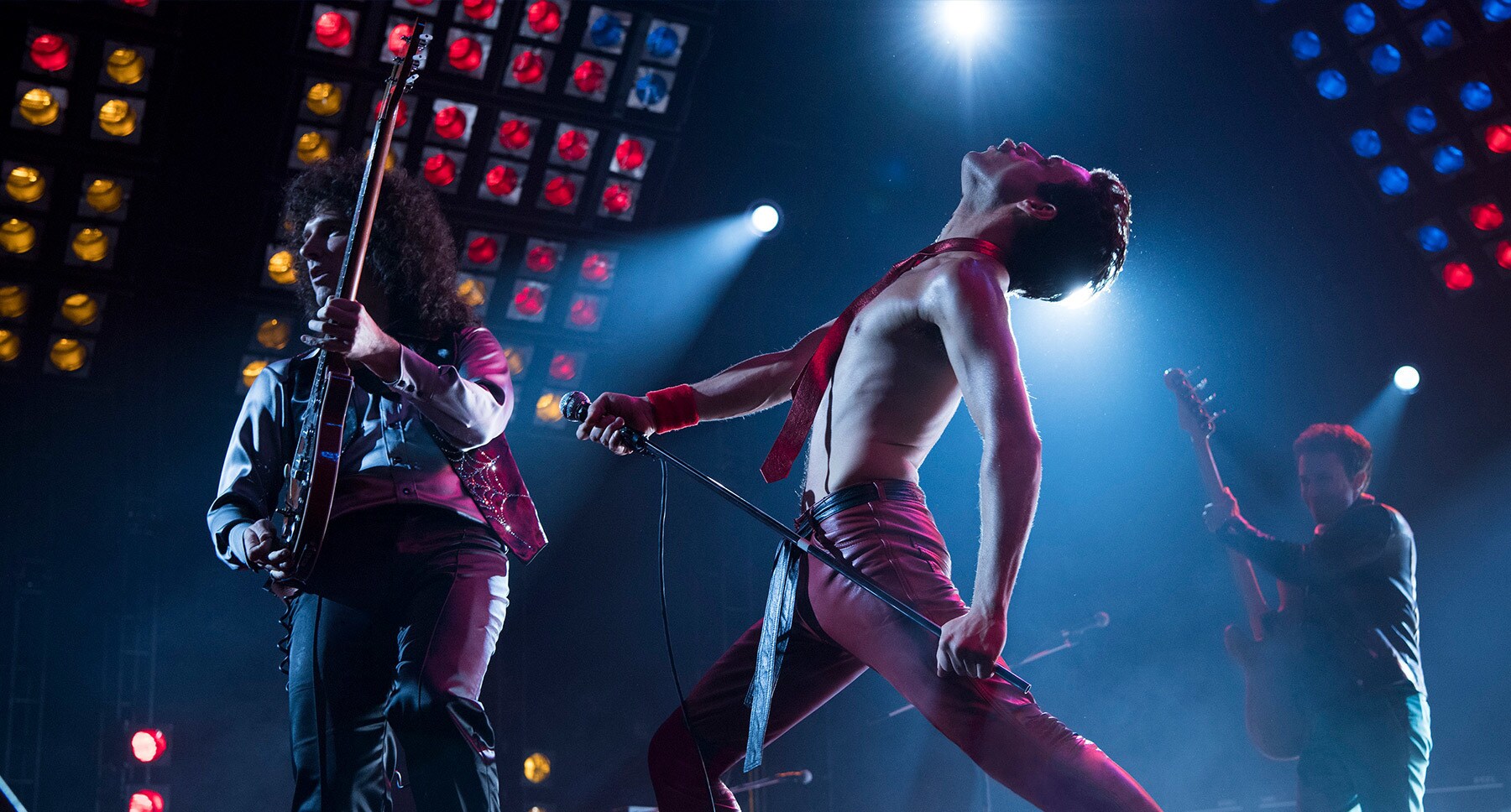 ActorActors Rami Malek (as Freddie Mercury) and Gwilym Lee (as Brian May) performing on stage in the movie "Bohemian Rhapsody"