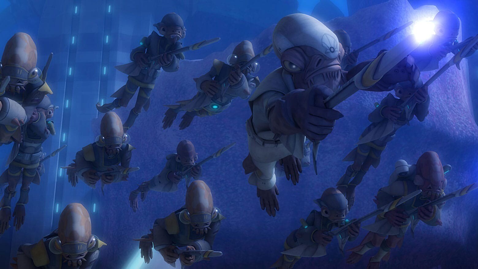 A group of Mon Calamari people holding spears in The Clone Wars