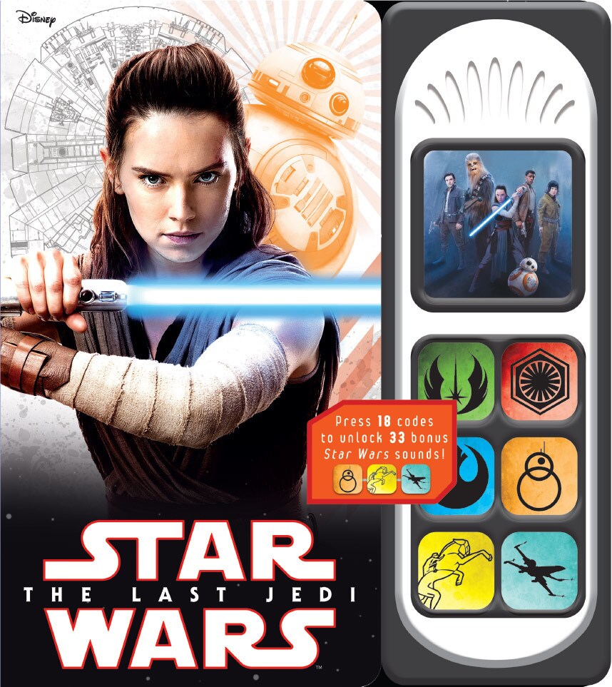 Rey wields her blue light saber on the cover of The Last Jedi Sound Book.