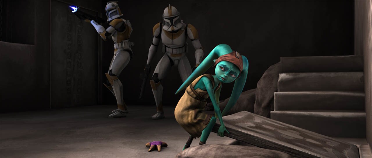 Numa lifts a hatch door as clone troopers Boil and Waxer stand nearby in The Clone Wars.