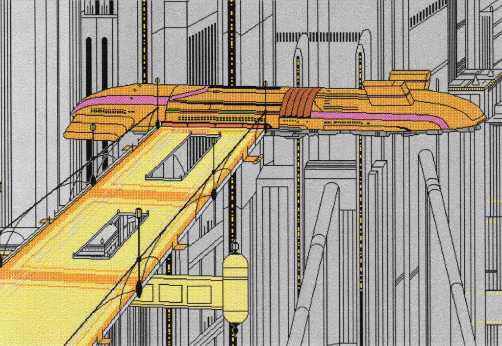 Fan art using digital design technology from the 1990s depicts a ship docking on Coruscant.